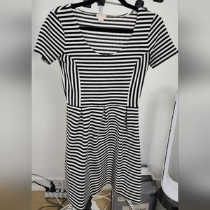 Black and white striped fit and flare dress